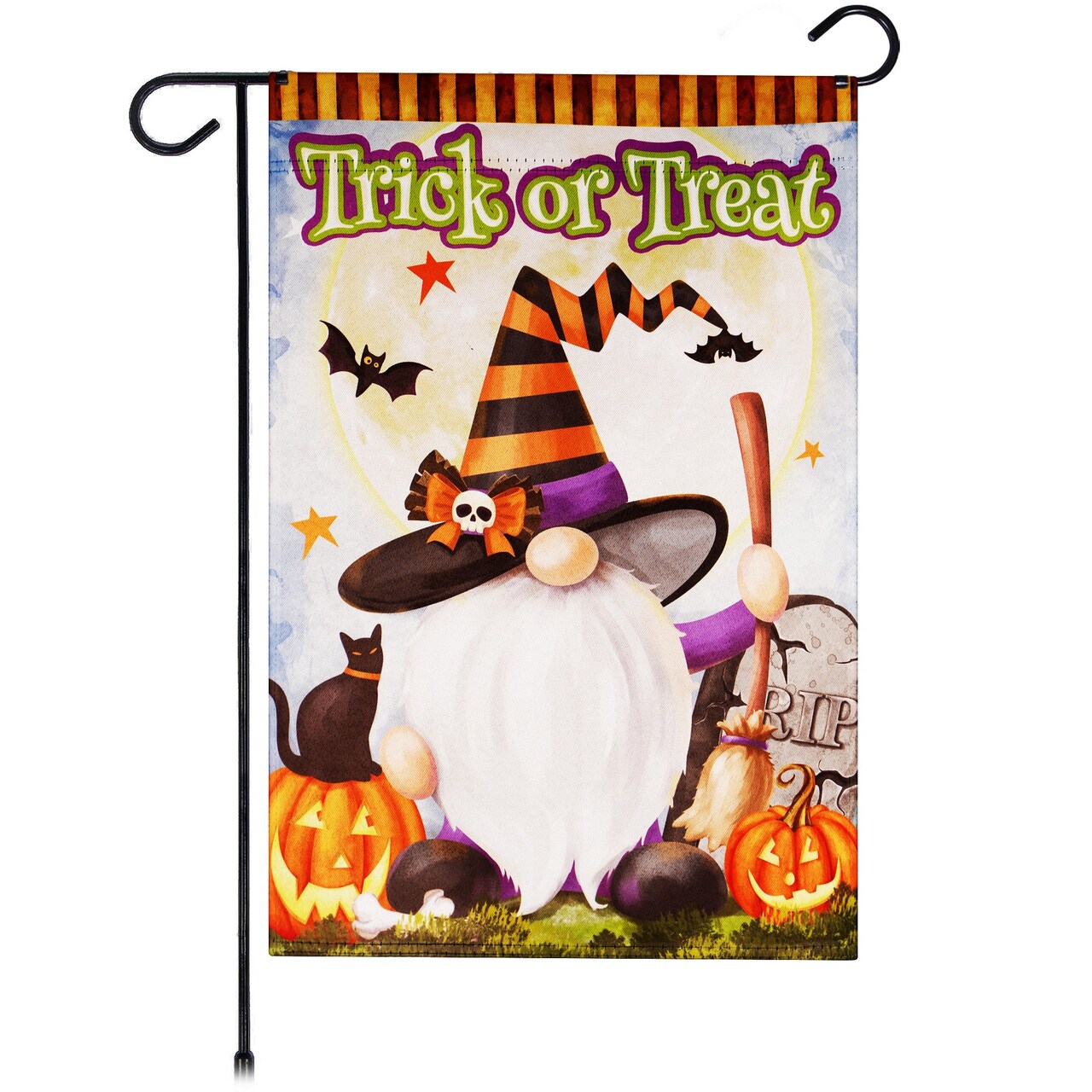 G128 Garden Flag Trick or Treat Witch Hat Gnome with Broom | 12x18 Inch | Printed Blockout Polyester - Halloween Fall Decoration